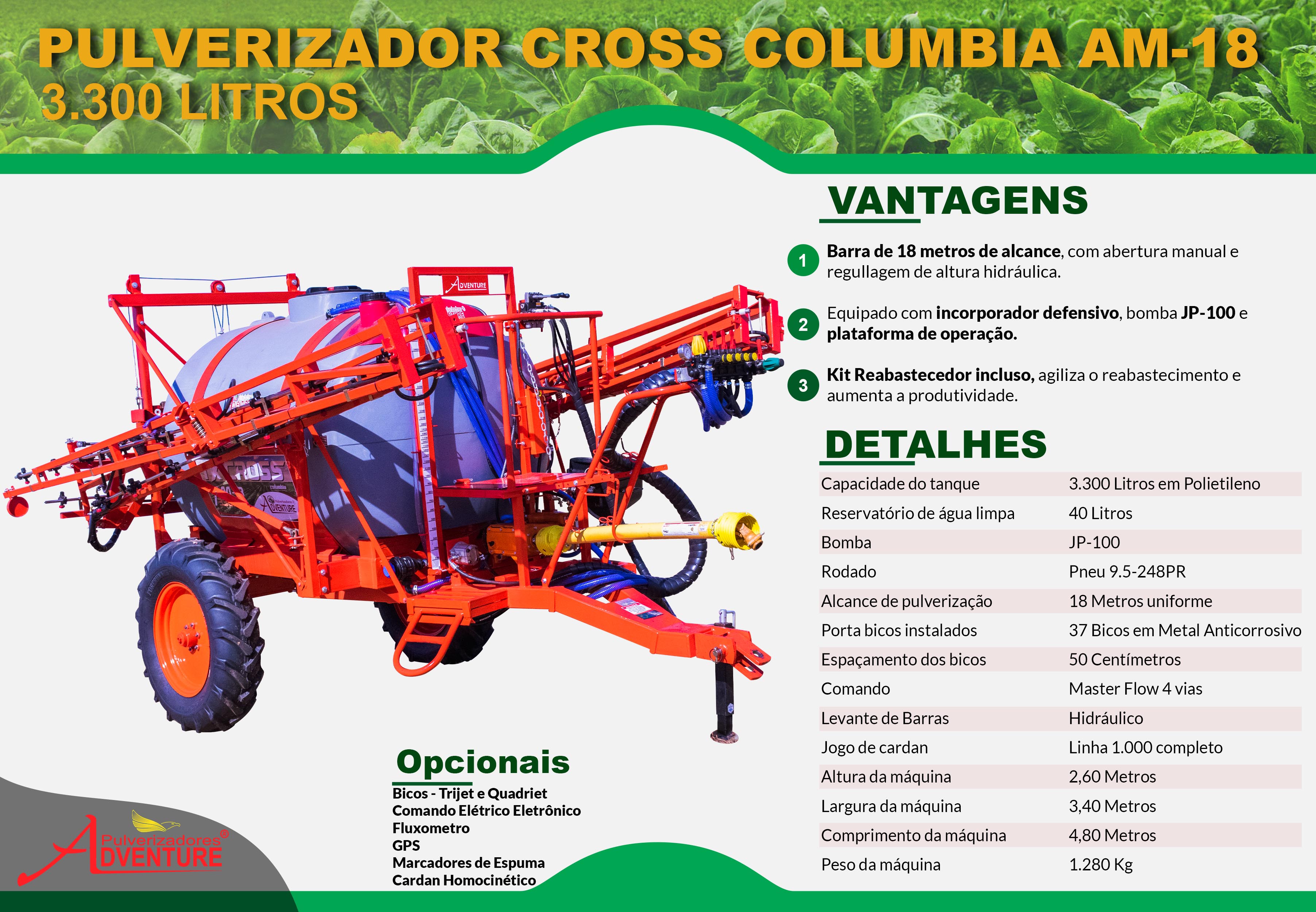 PULVERIZADOR CROSS COLUMBIA 3.300 LITRO AM18 HIDRÁULICA